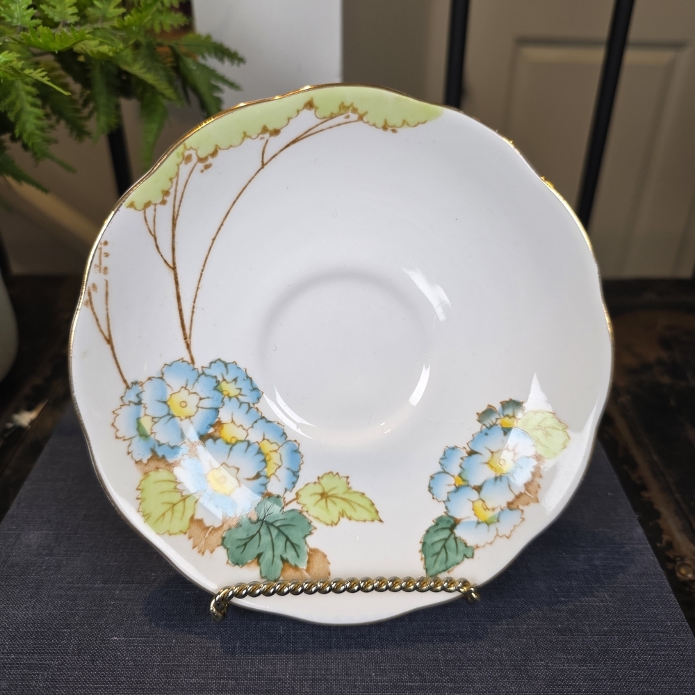 Vintage Fine Bone China Saucer | Blue Forget-Me-Not & Stylized Tree Art Deco